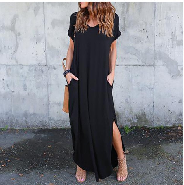 R1294 Short Sleeve Solid Color Pocket Maxi Dress