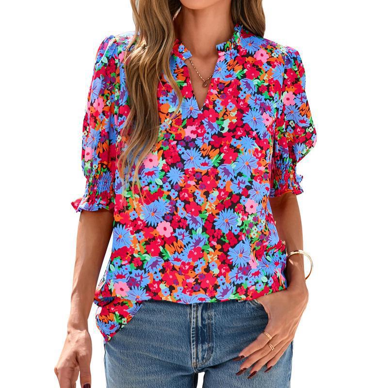 R5474 Puff Sleeve Floral Blouse