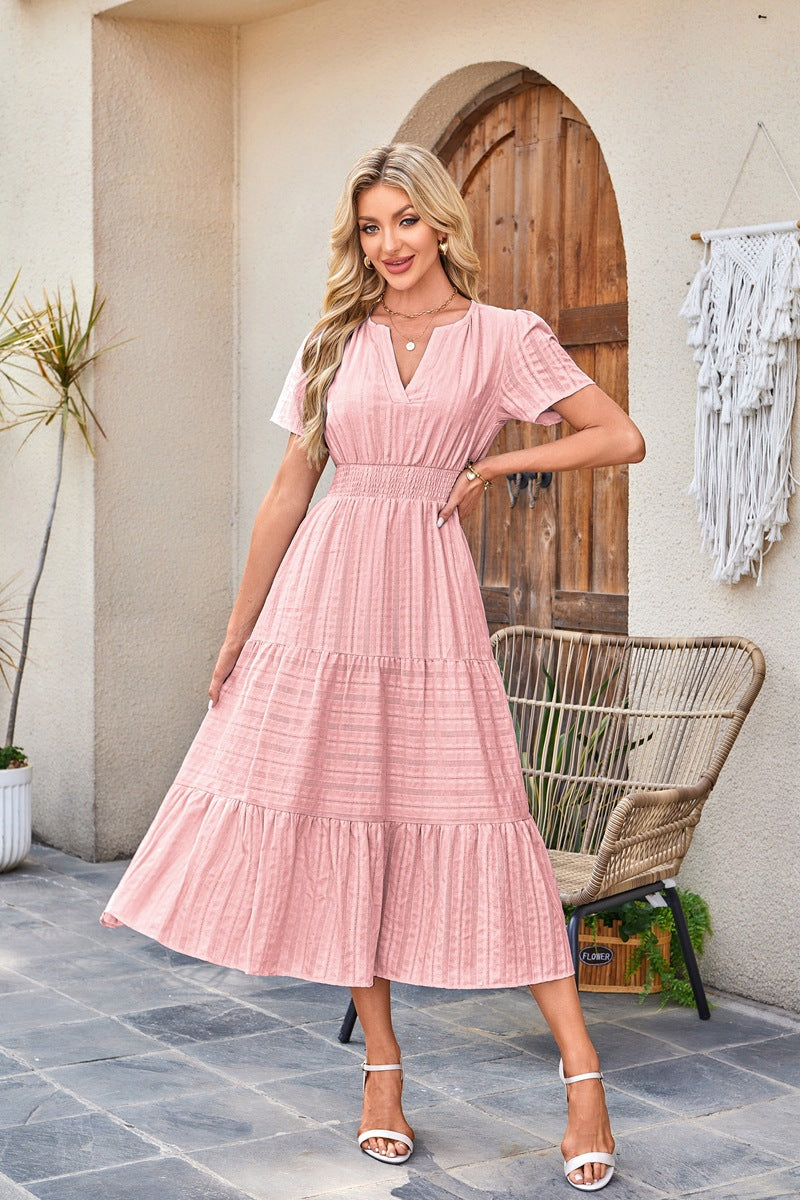 D5479 Solid Color Ruffle Dress Big Hem Long Dress