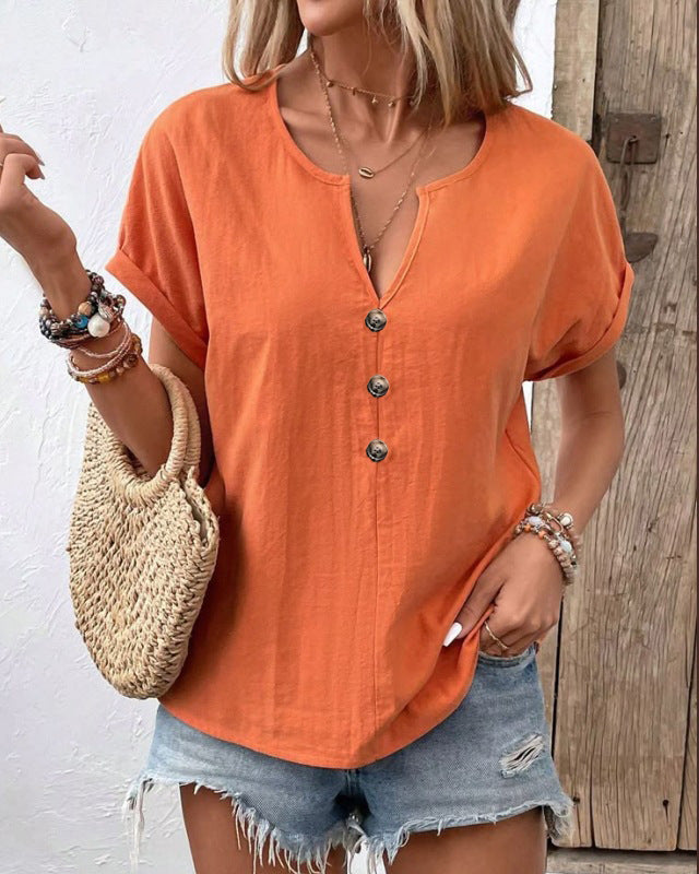 D5454 Short Sleeve Button Up V Neck Shirt