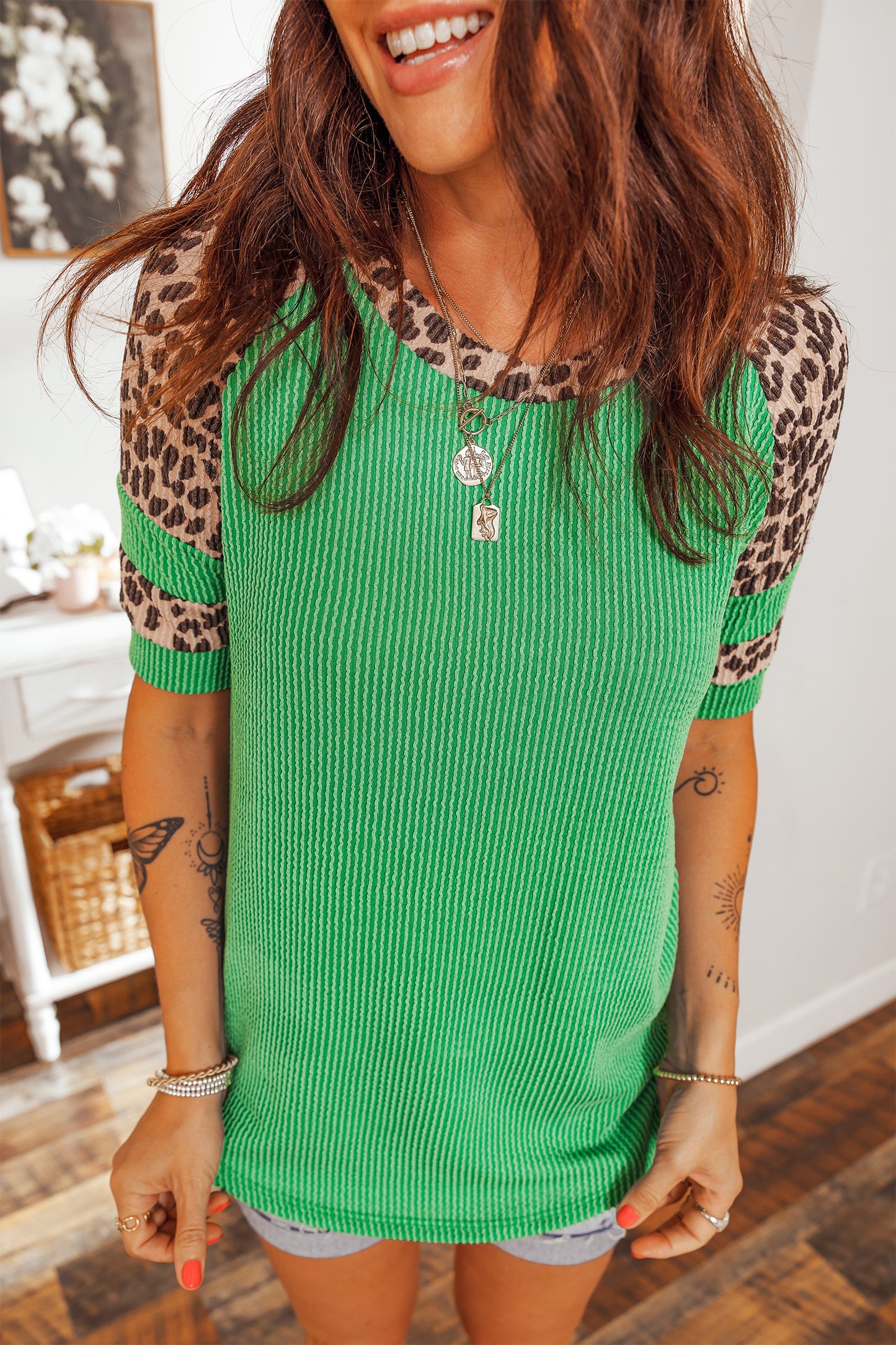 R1364 Corded Rib Leopard Color Block Patchwork Tunic Tee