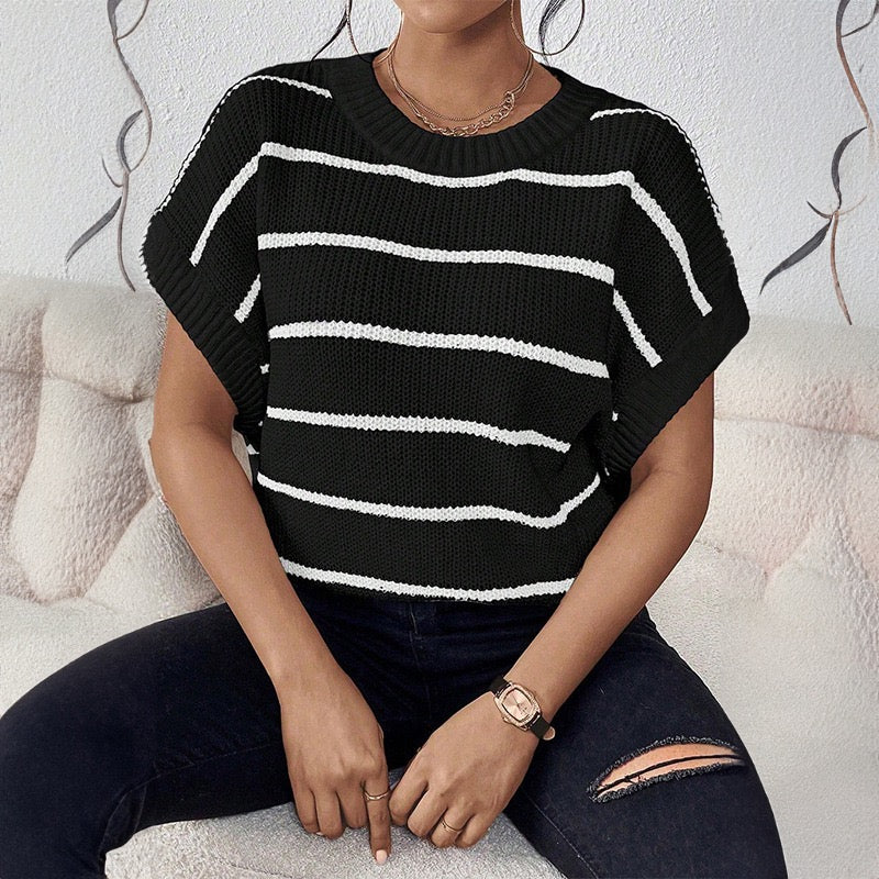 R1254 Bat Sleeve Striped Sweater Top