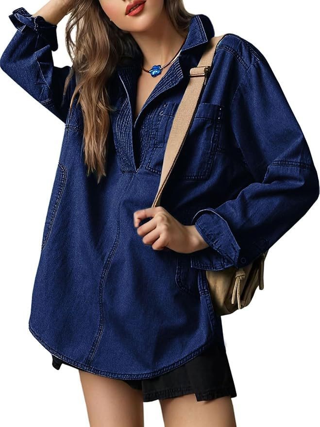 R1252 V neck Oversized Denim Top