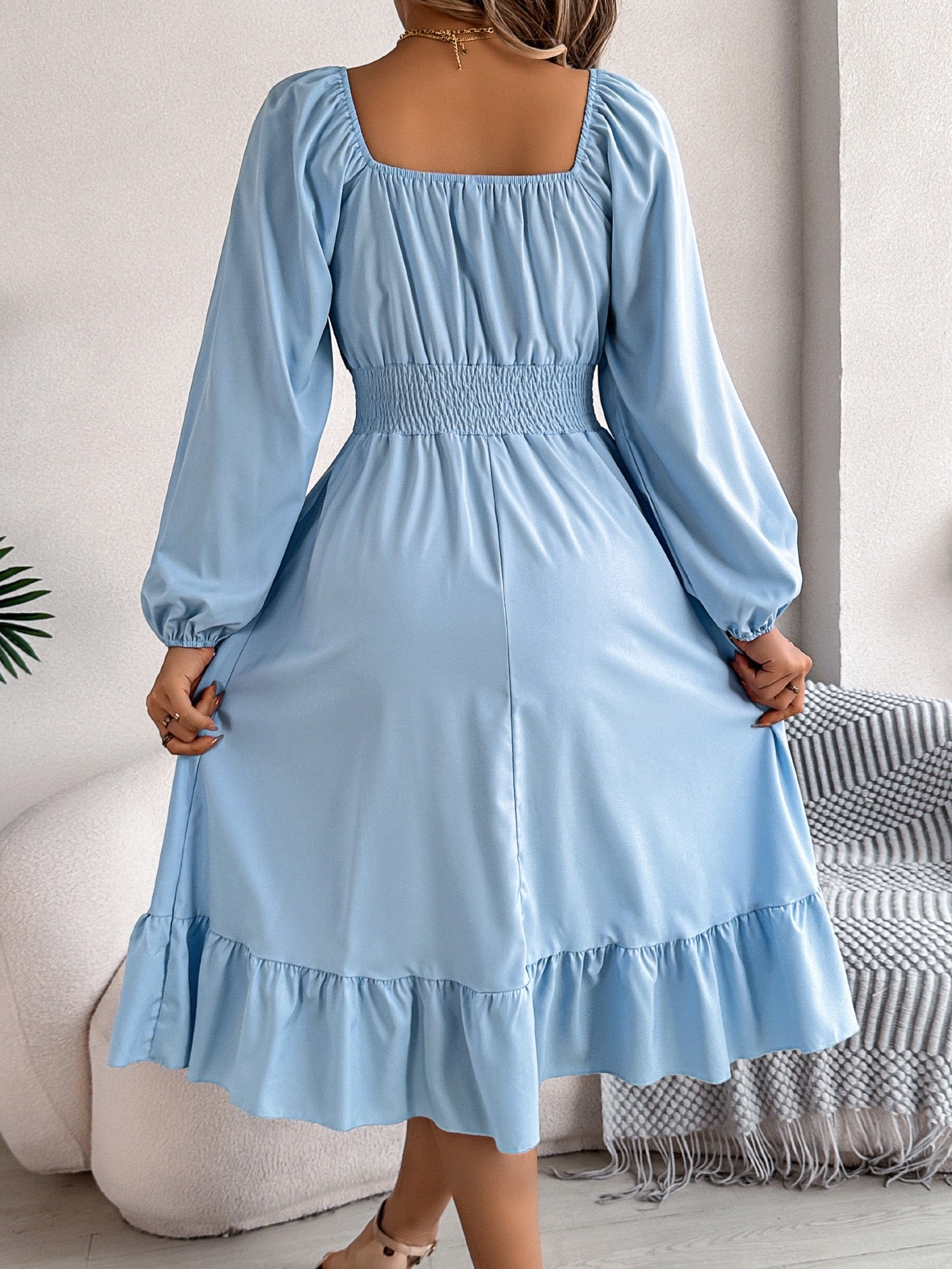 R1244 Solid-Color Square-Neck Long-Sleeve Waist-Defining Ruffle Hem Long Dress