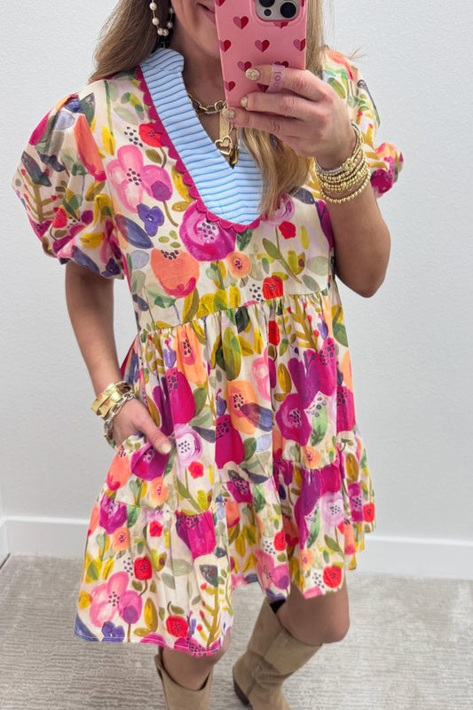 R1266 Floral Print Ricrac Trim Mini Dress