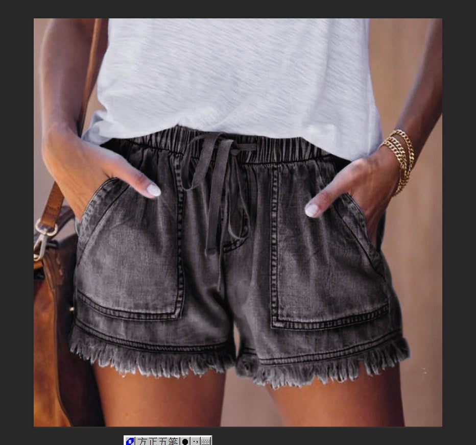 R1396 Drawstring Distressed Trim Denim Pocket Shorts