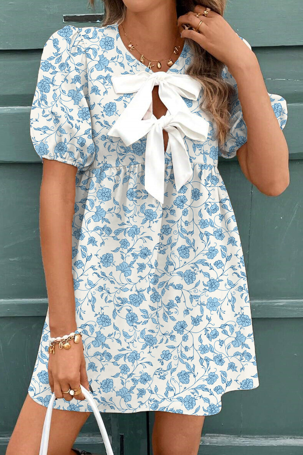 R1222 Blue Leopard Puff Sleeve Mini Dress
