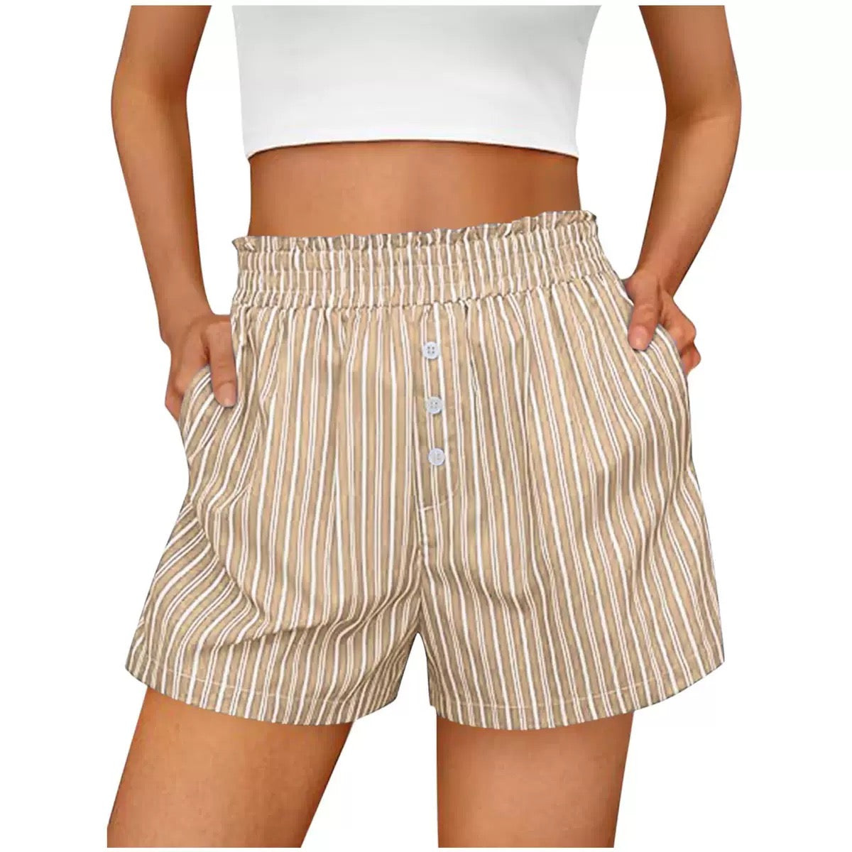D5450 Summer Stripe Pattern Smock Waist Pocket Shorts