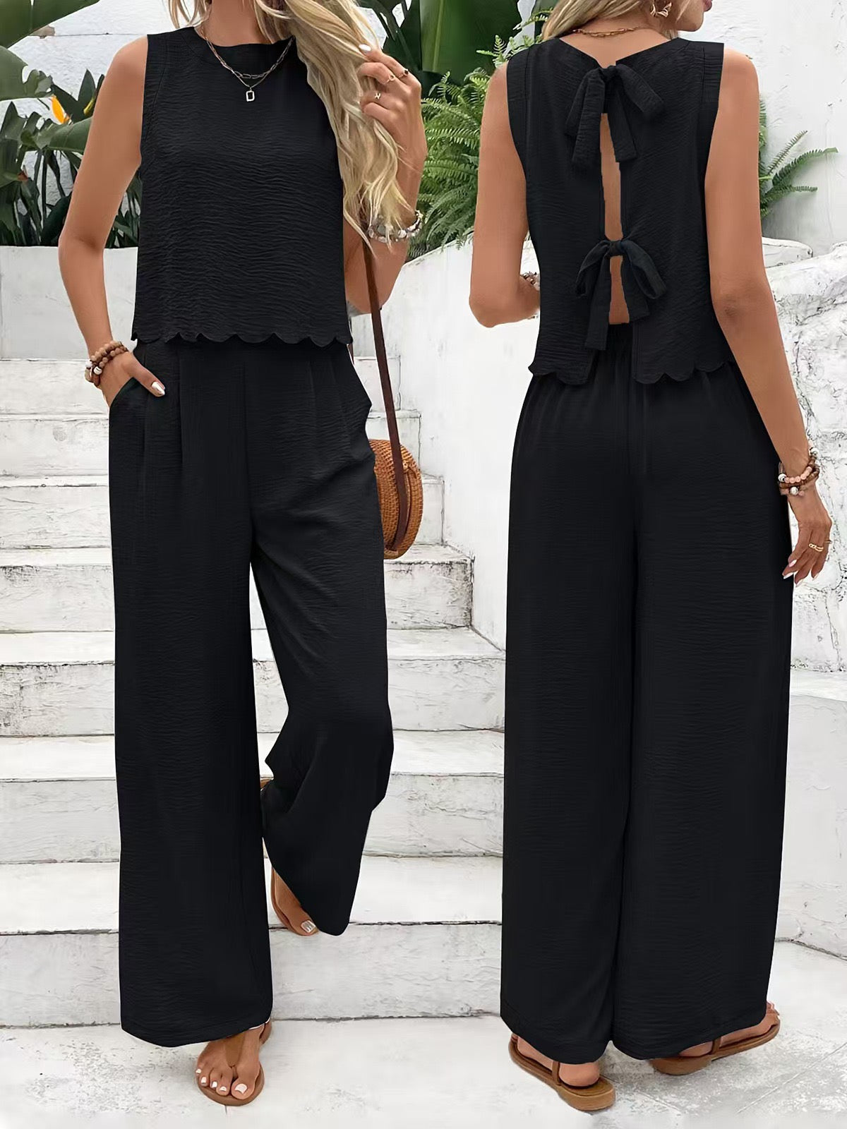 R1281 Bow Knot Back Tank Top and wide-leg pants two-piece set