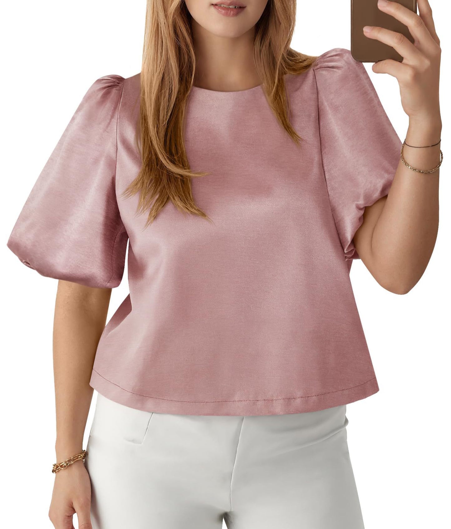R1237 Women's Round Neck Satin Puff Sleeve Blouse