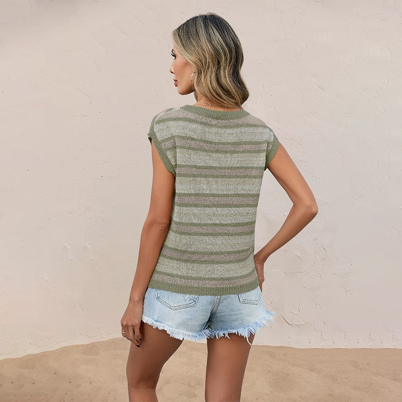 R1217 Short Sleeve Stripe Color  Knitted Top