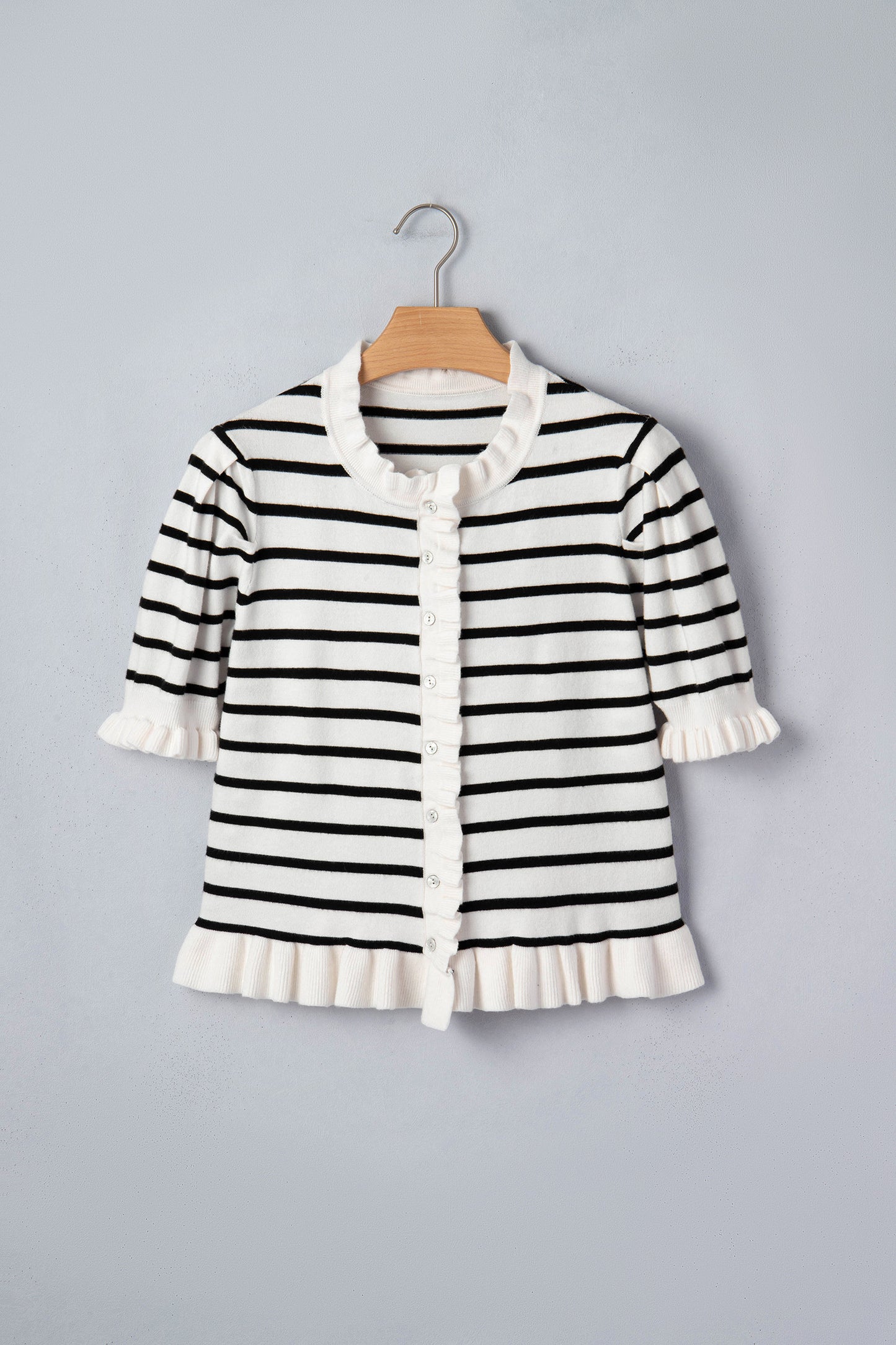 R1426 Beige Stripe Ruffle Trim Button Down Knit Short Sleeve Sweater Cardigan