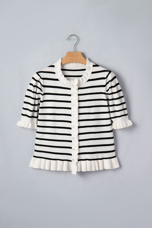 R1426 Beige Stripe Ruffle Trim Button Down Knit Short Sleeve Sweater Cardigan