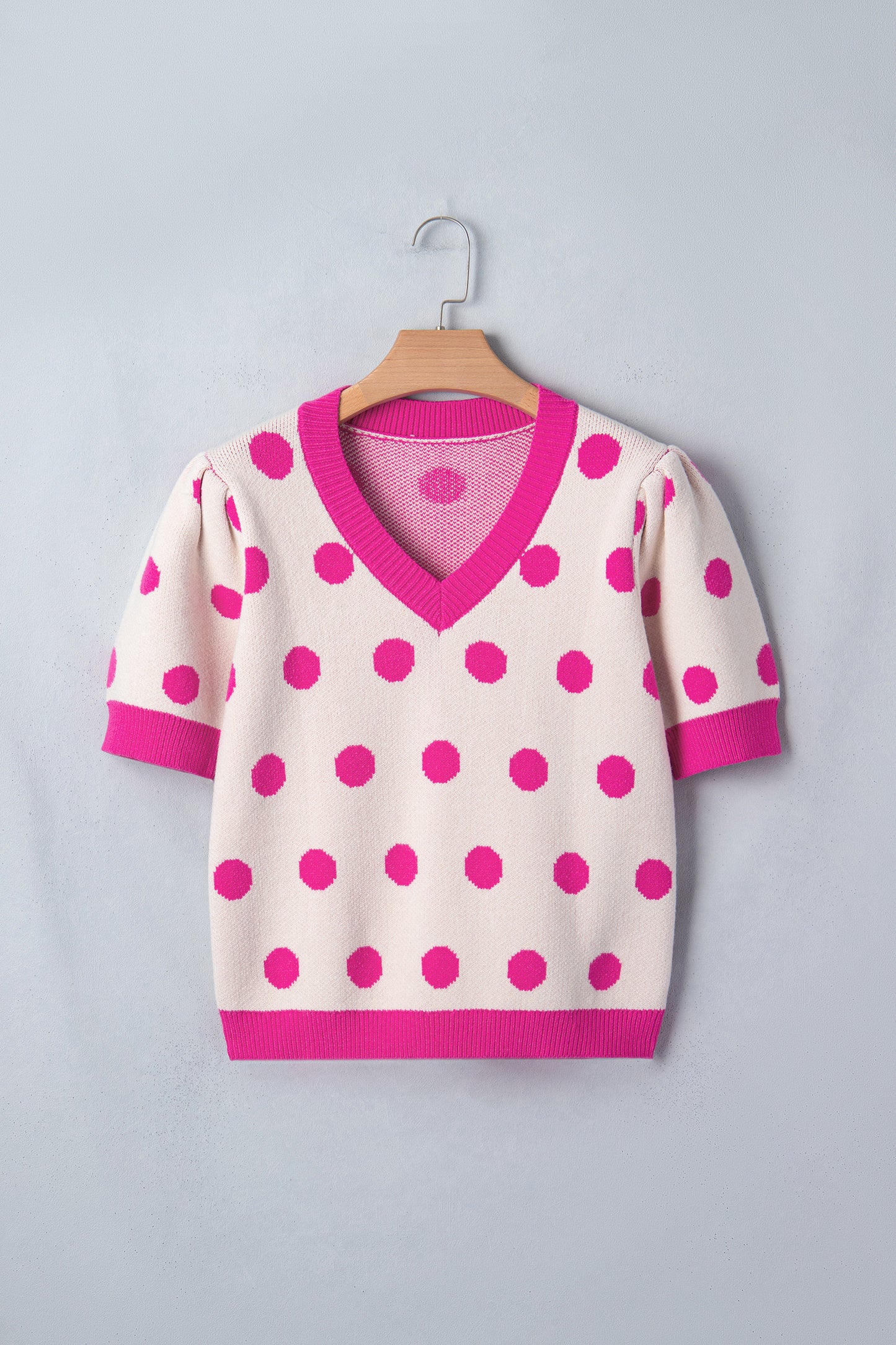 R1361 Pink Polka Dot Puff Short Sleeve Sweater Top