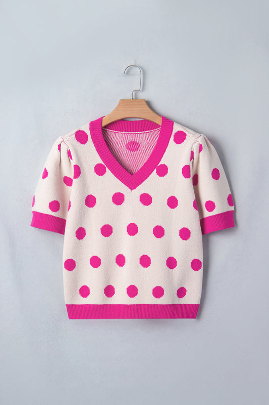 R1361 Pink Polka Dot Puff Short Sleeve Sweater Top