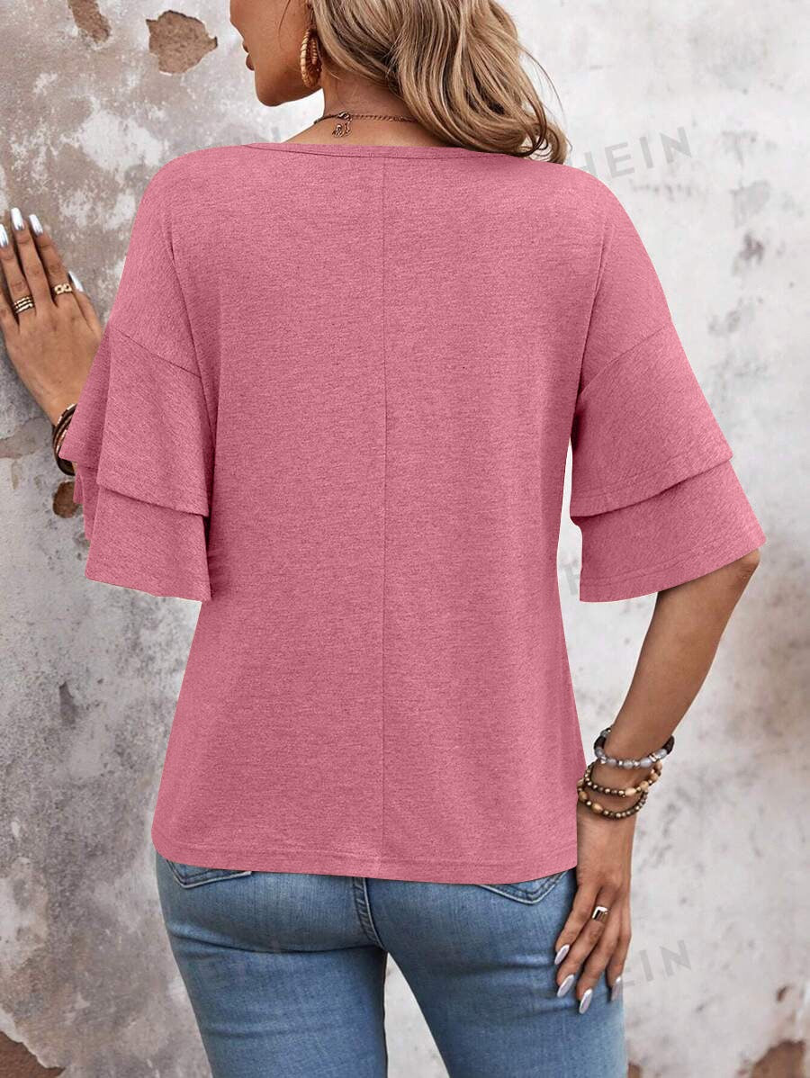 R1311 Solid Color Ruffle Sleeve Top