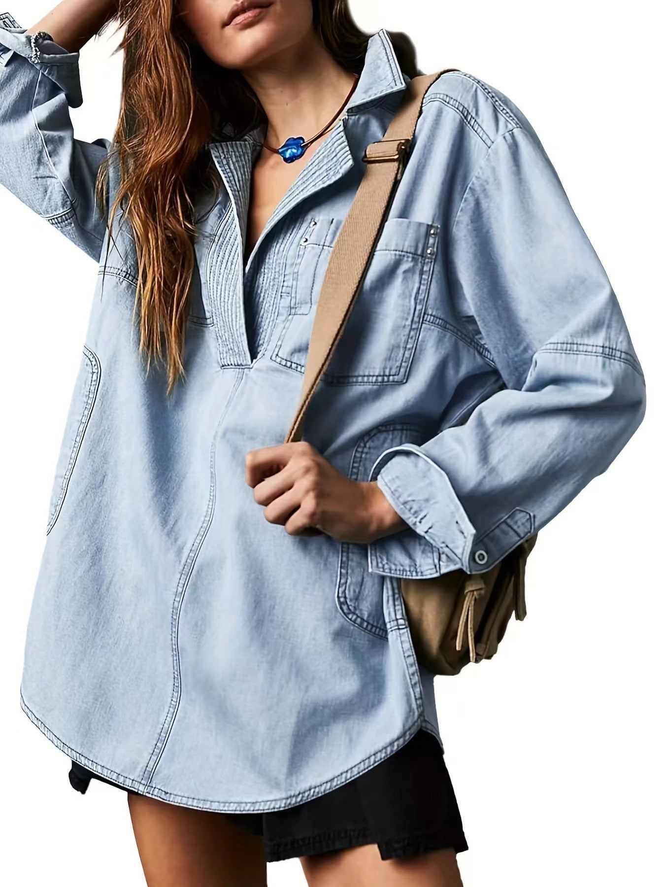 R1252 V neck Oversized Denim Top
