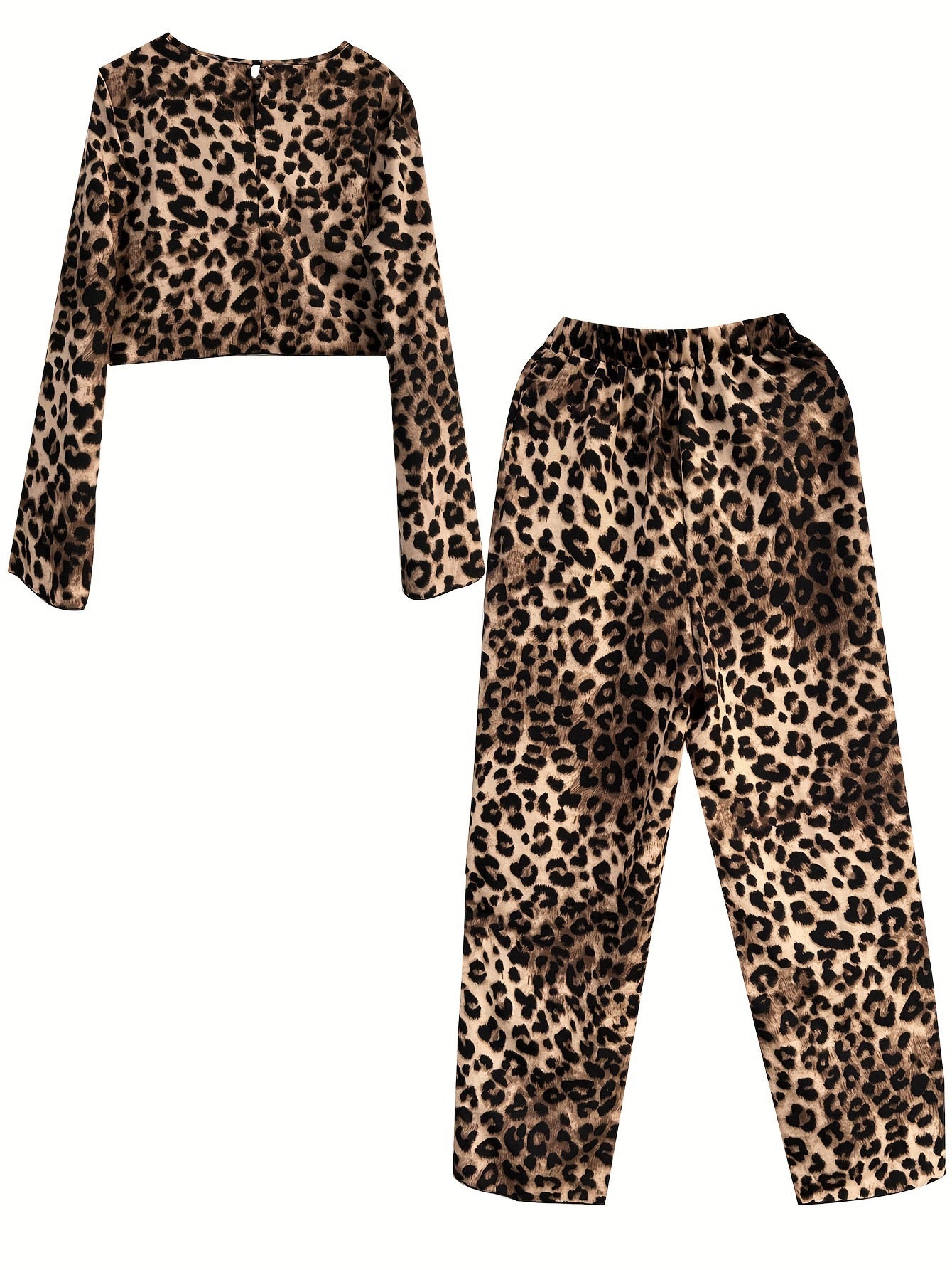 R1241 Lightweight Long Sleeve Leopard Print Crop Top & Pants Women's Outfit