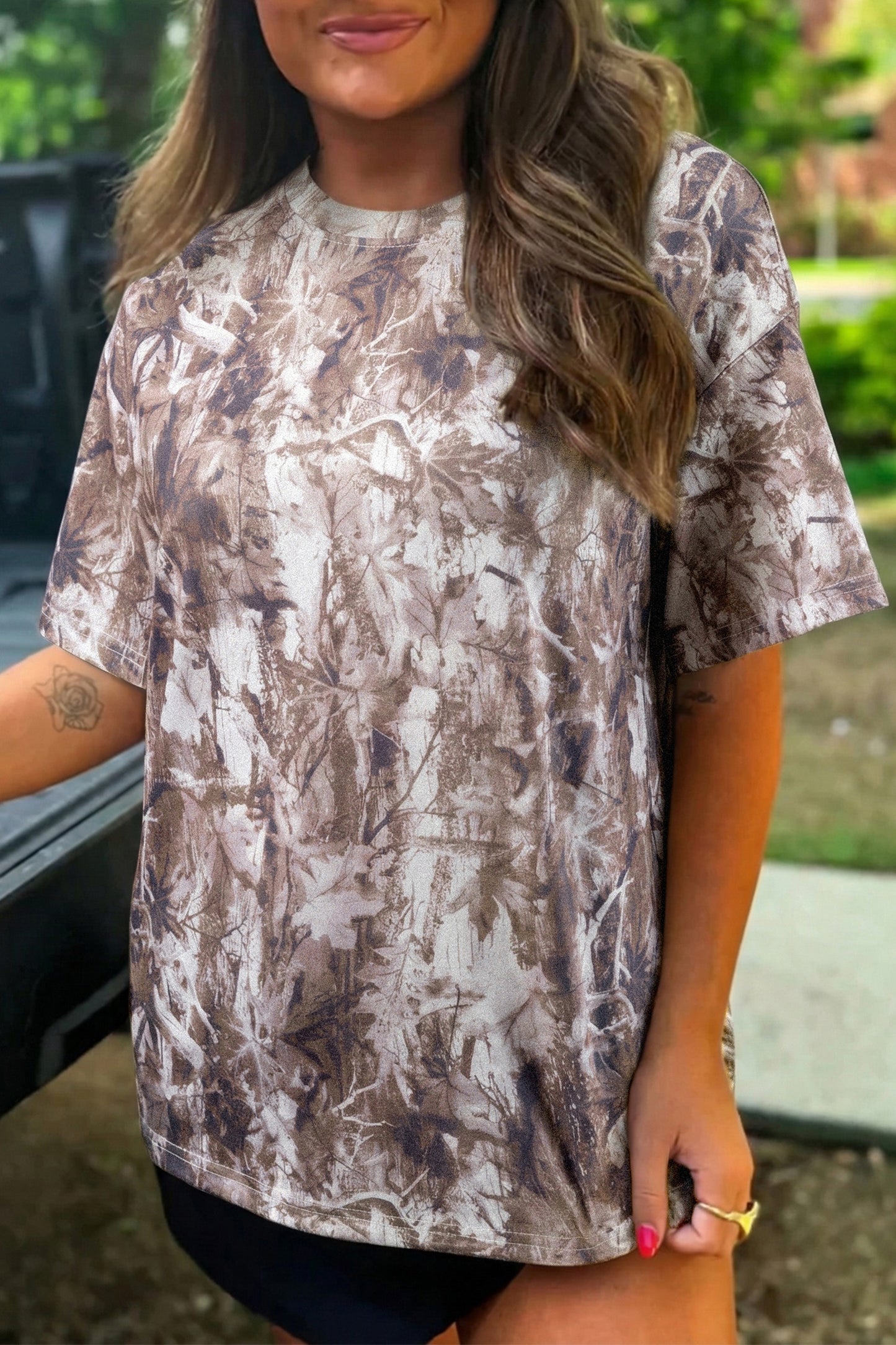 R1335 Camouflage Woodland Print Drop Shoulder Tunic Tee