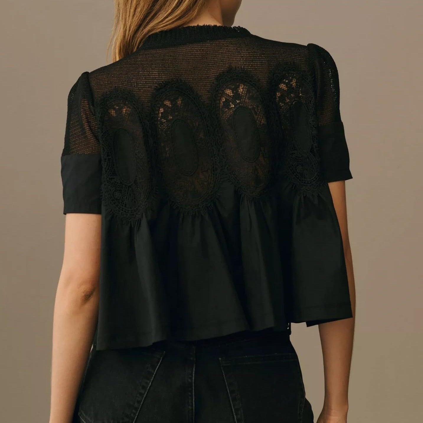 R1313 Lace & Corduroy Patchwork Babydoll Top