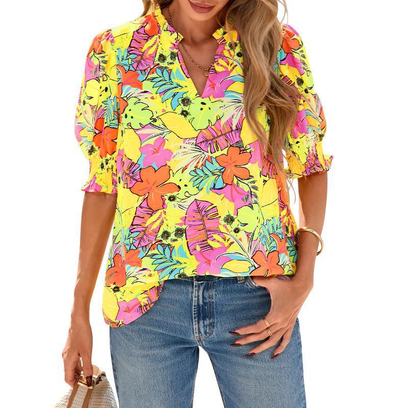 R5474 Puff Sleeve Floral Blouse
