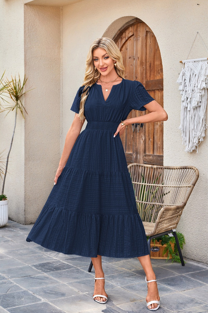 D5479 Solid Color Ruffle Dress Big Hem Long Dress