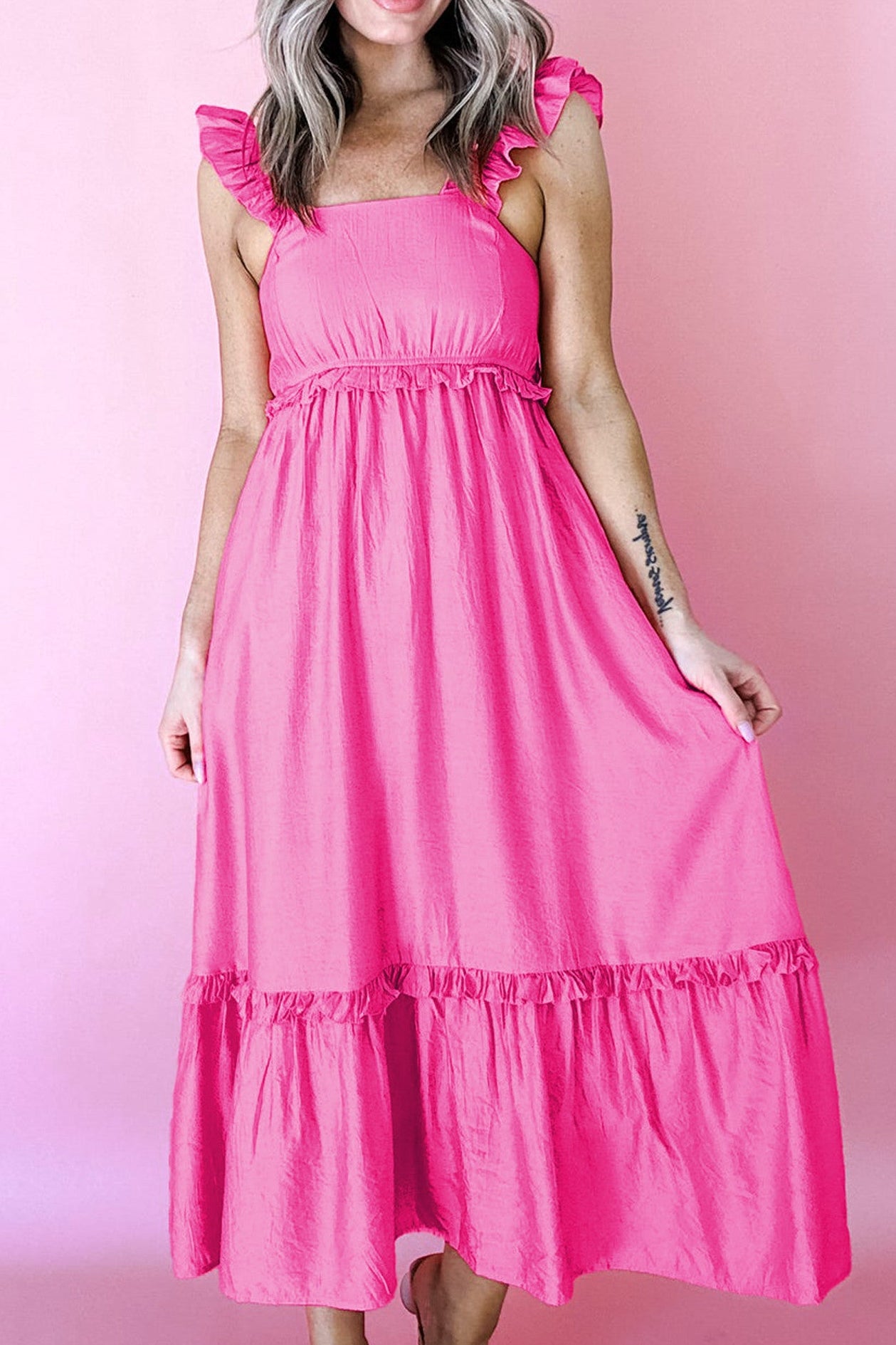 R1365 Solid Color Ruffle Trim High Waist Sleeveless Maxi Dress