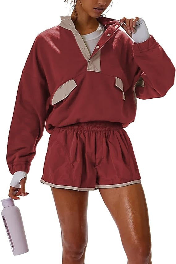 R1292 Color Block Patchwork Half Button Pullover and Shorts 2pcs Outfit