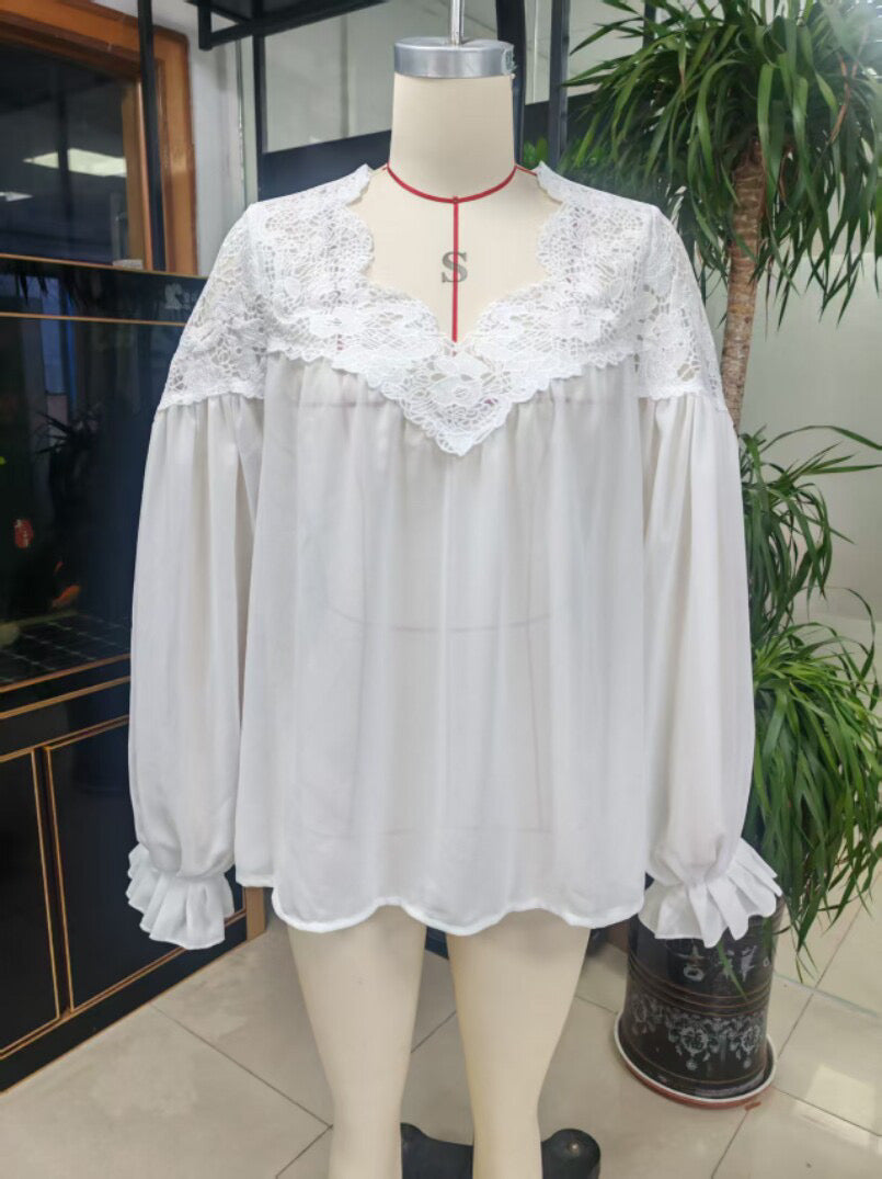 R1214 Lace-stitched puff sleeves pleated blouse
