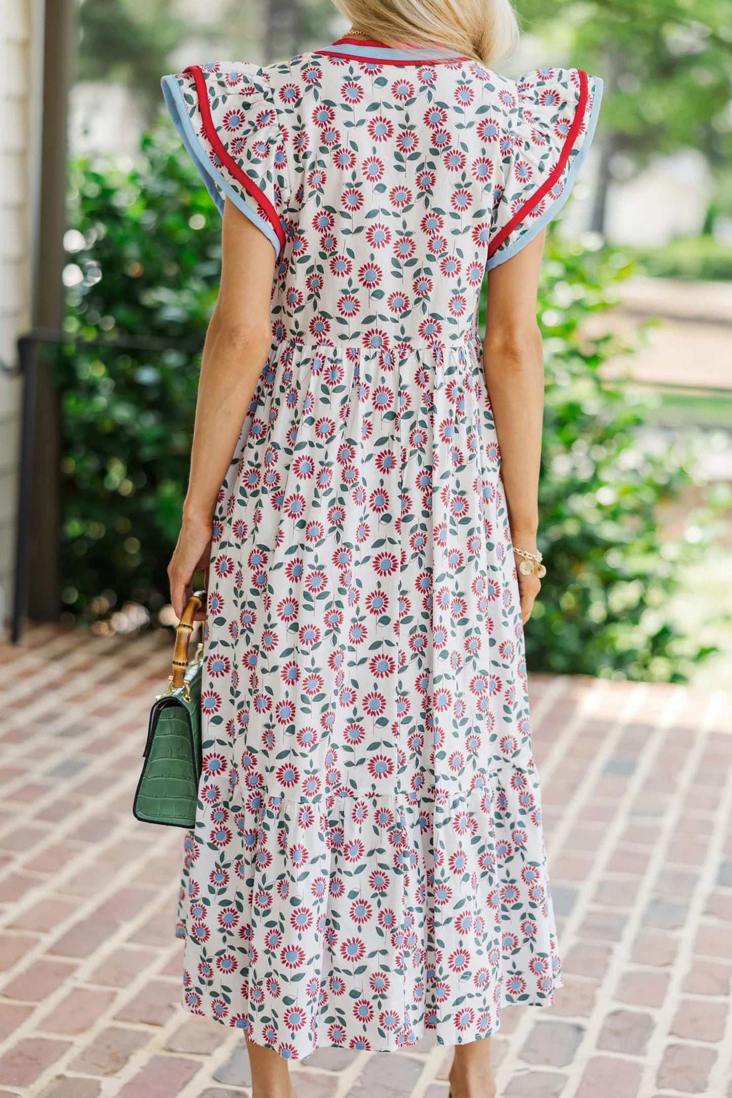 R1373  Sunflower Printed Striped Patchwork Trim Flutter Sleeve Long Dress