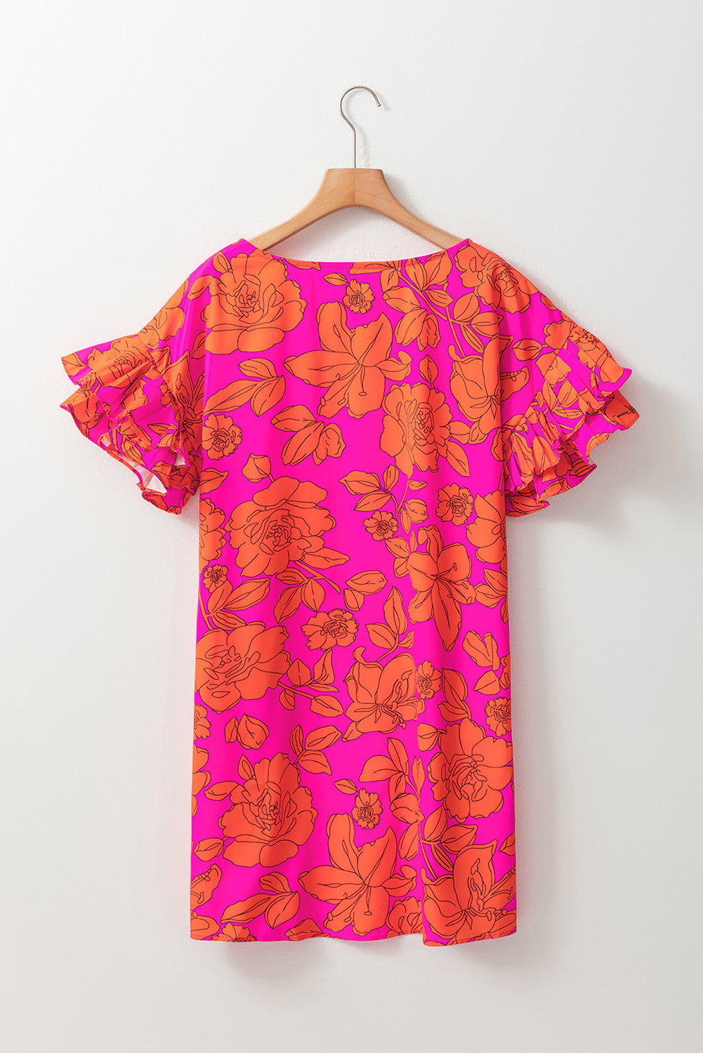 R1327 Pink Voluminous Ruffled Sleeve Floral Dress