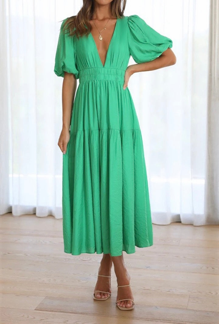 R1508 Deep V Neck Puff Sleeve Ruffle Long Dress