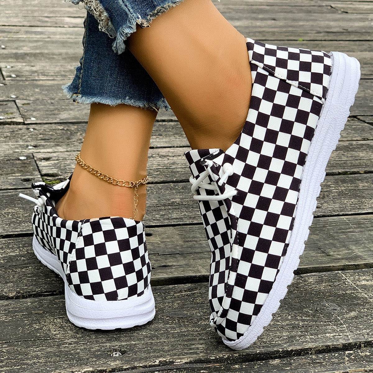 R1270 Lace-up Checked Flat Shoes