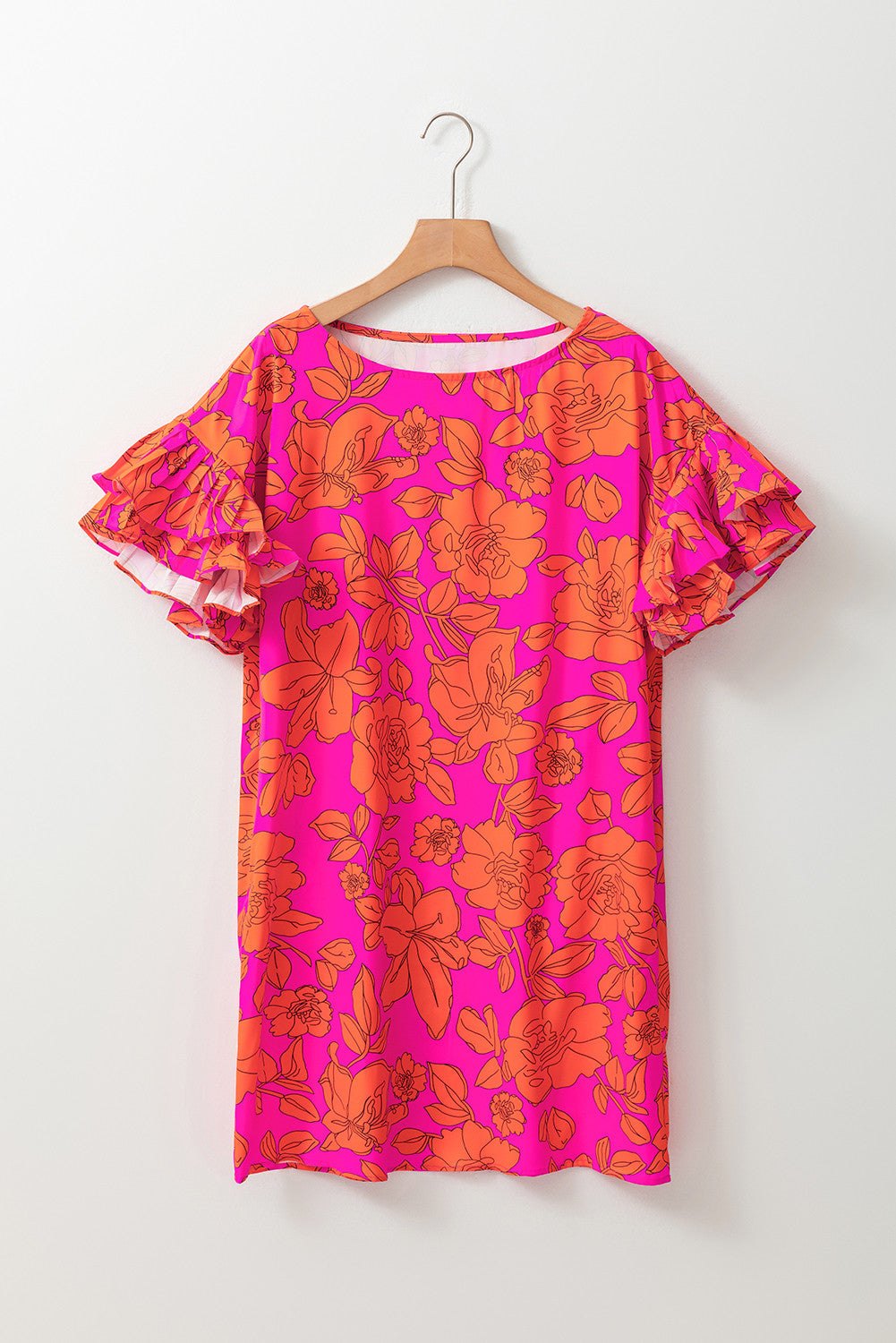 R1327 Pink Voluminous Ruffled Sleeve Floral Dress