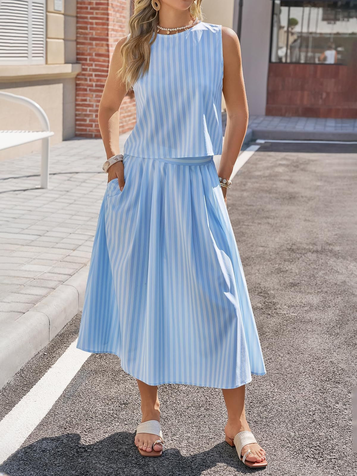 R1593 Stripe Button Two Pieces Long Dress Set