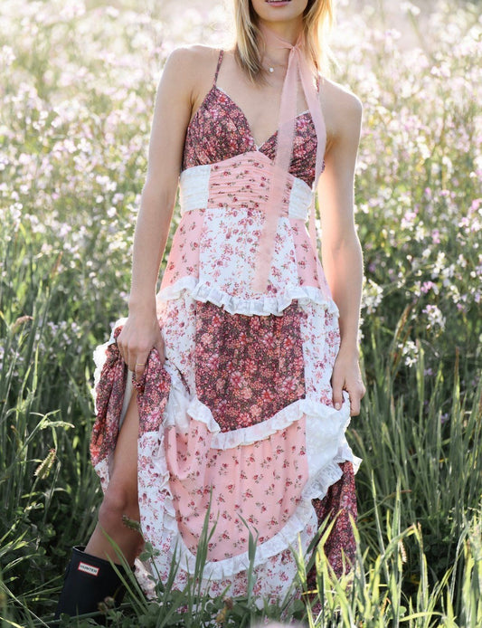 R1272 Floral Patchwork Ruffle Hem Halter Maxi Dress With Adjustable Strap