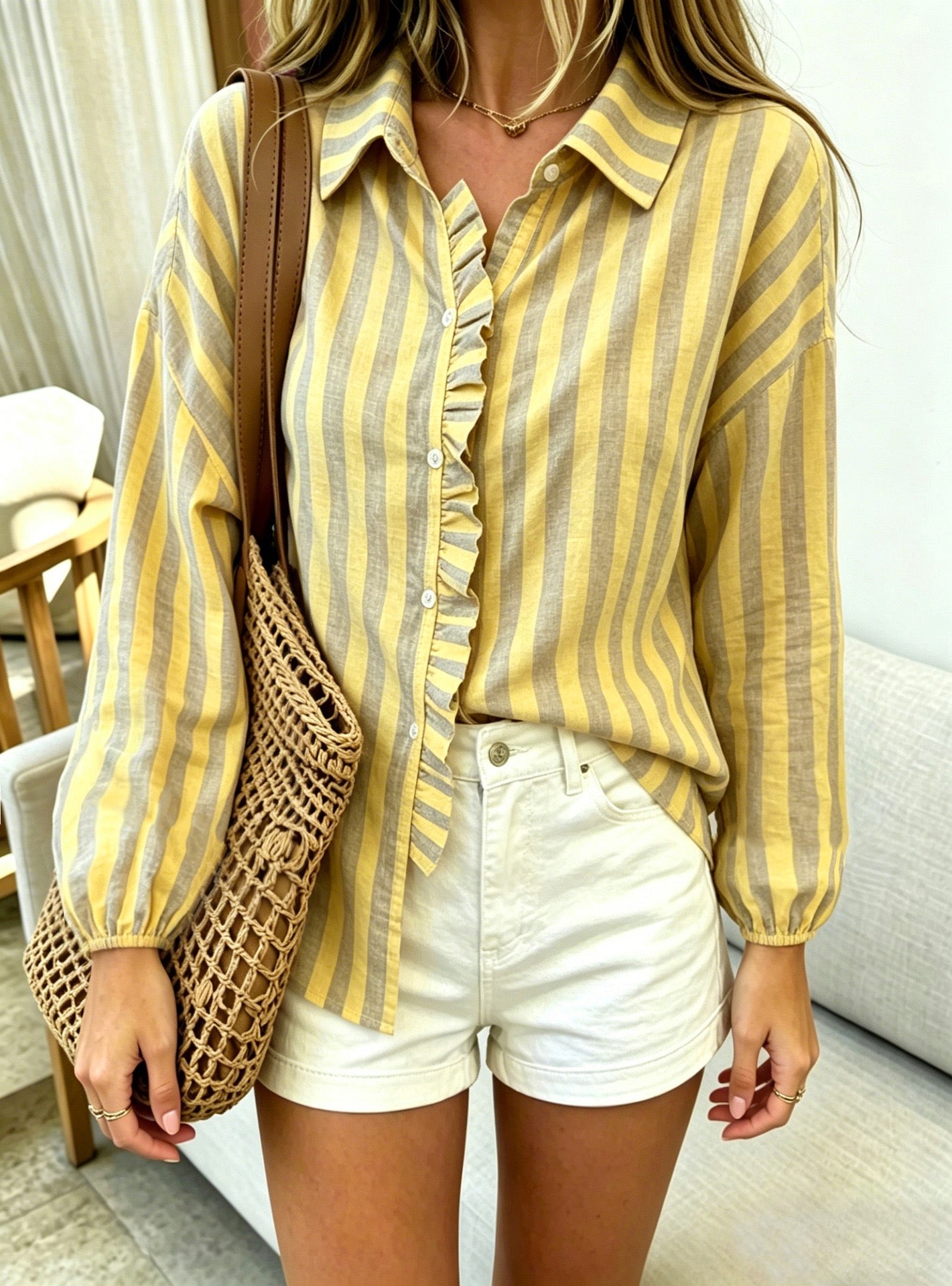 R1622 Long Sleeve Stripe Shirt with Ruffle Hem