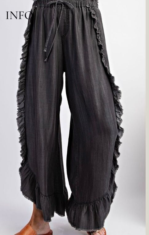 D5535 Wide Leg Ruffle Hem Denim Pants