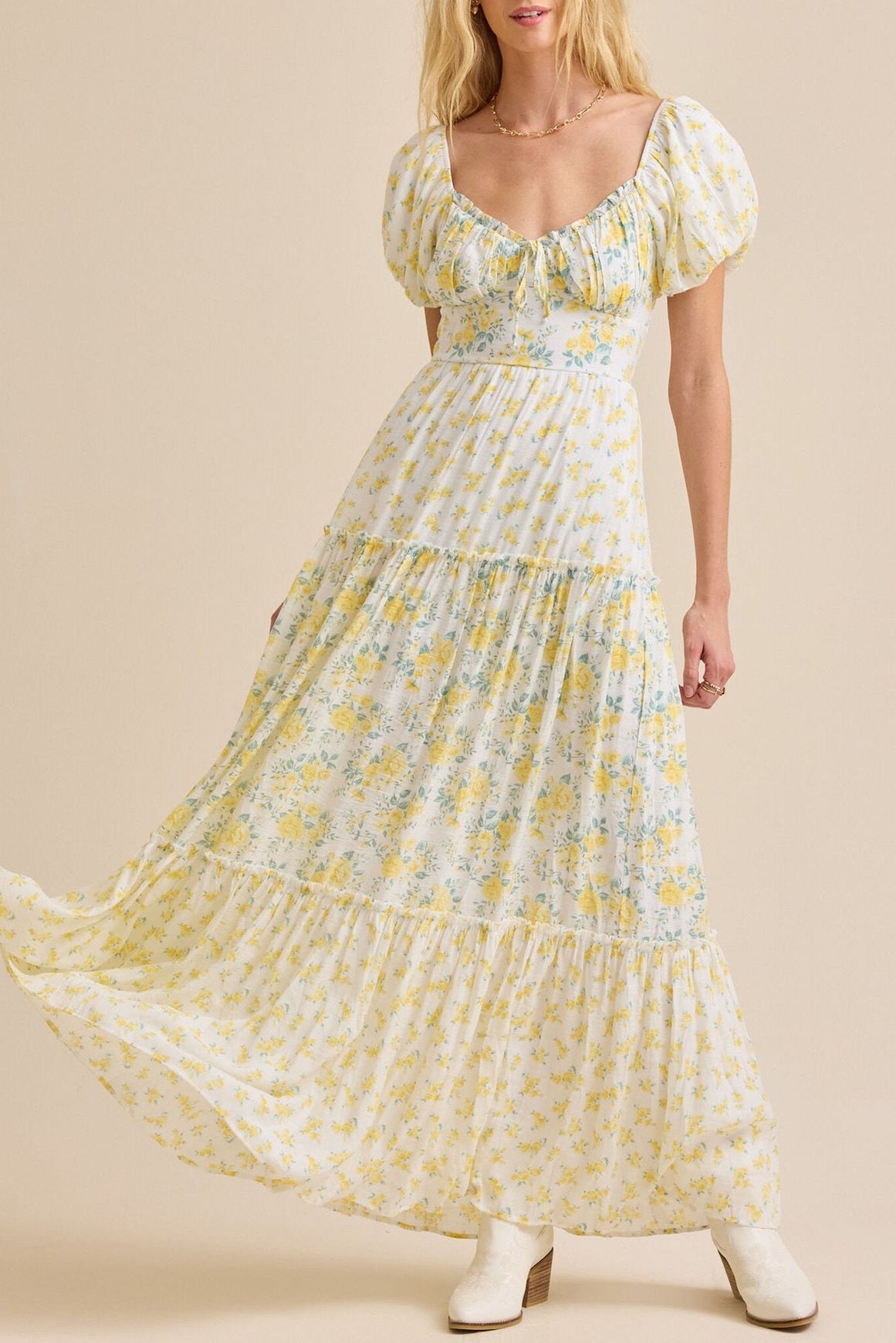 R1403 Puff Sleeve Floral Patchwork Long Dress