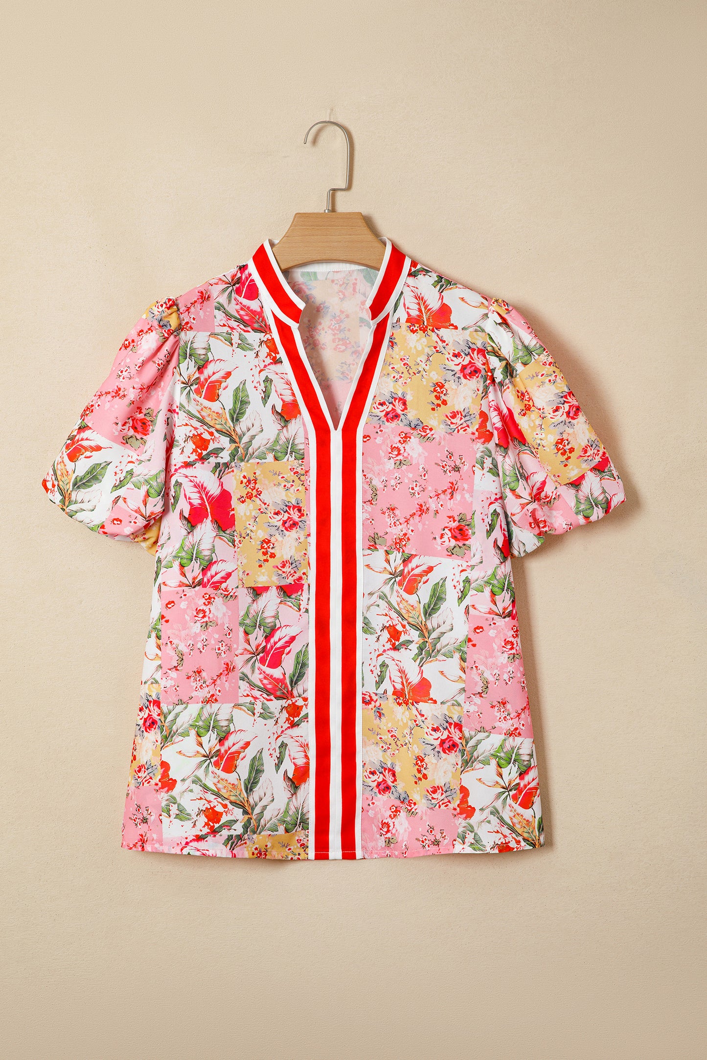 R1443 Pink Contrast Collared V Neck Short Sleeve Floral Blouse