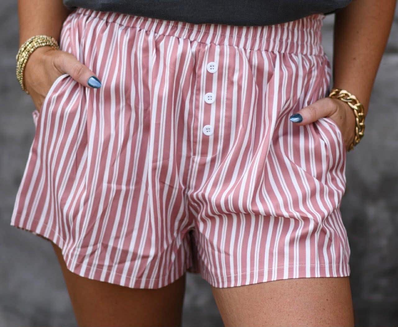 D5450 Summer Stripe Pattern Smock Waist Pocket Shorts
