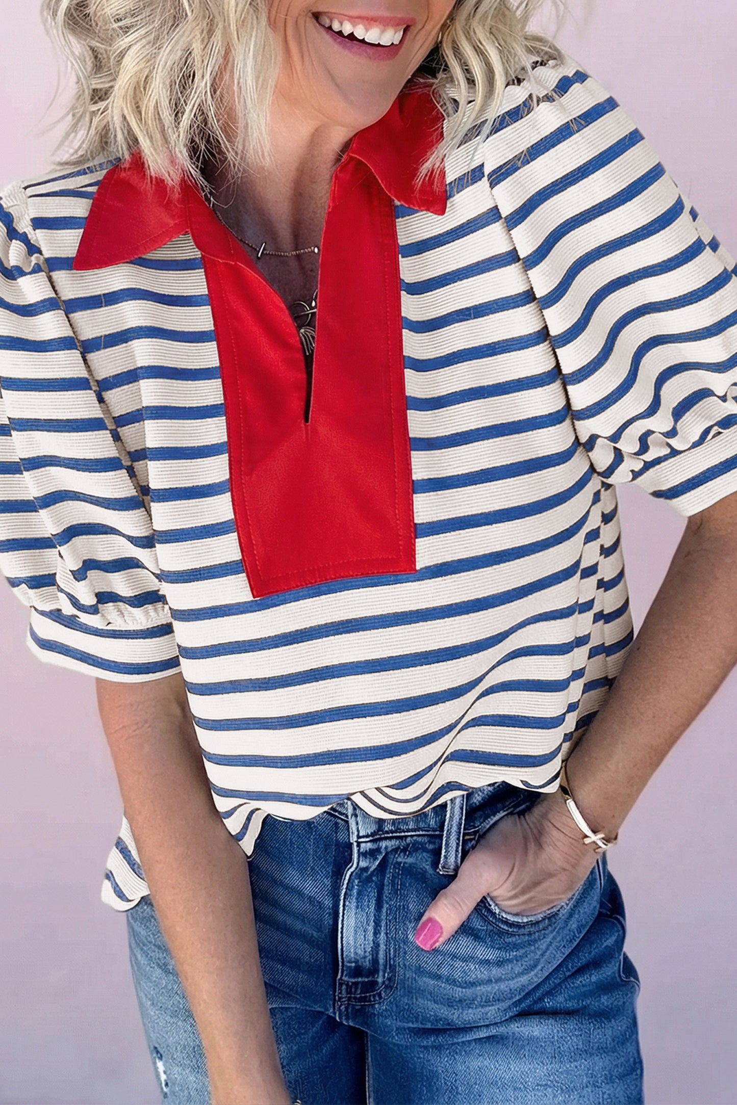 R1465 Short Puff Sleeve Color Block Polo Collar Blouse