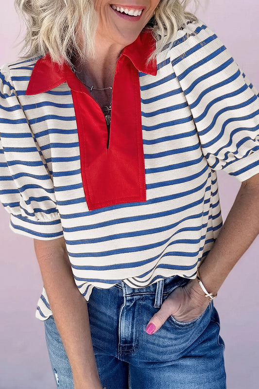 R1465 Short Puff Sleeve Color Block Polo Collar Blouse