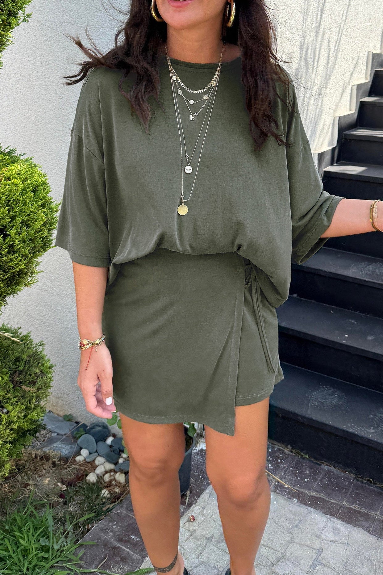 R1437 Solid Color Oversize Tee Tie Wrap Mini Skort 2pcs Set