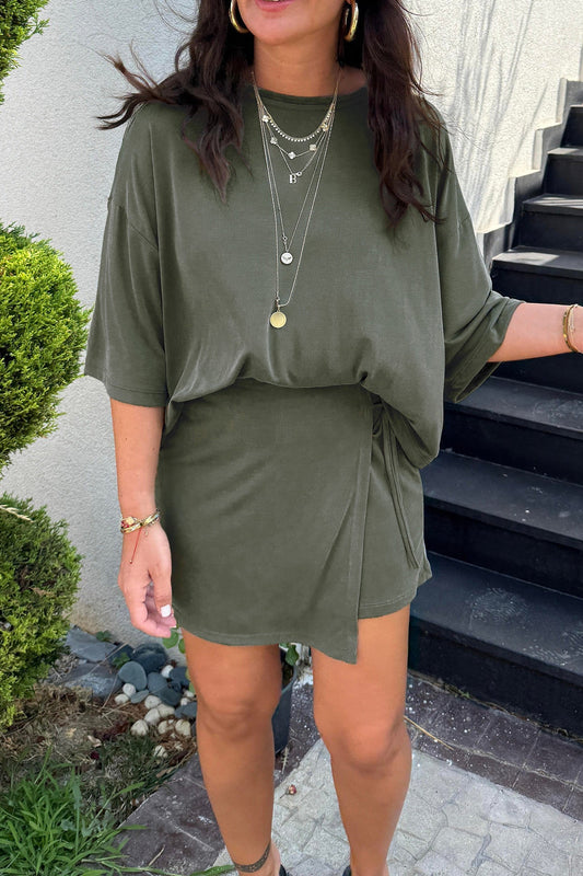 R1437 Solid Color Oversize Tee Tie Wrap Mini Skort 2pcs Set