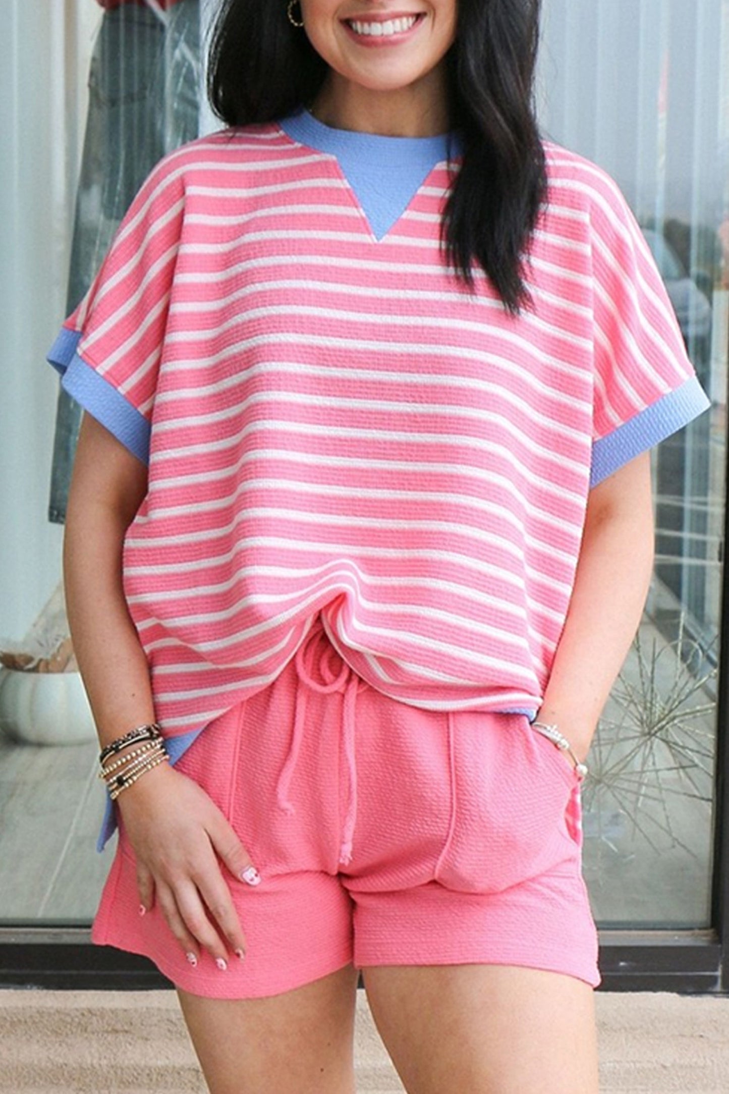 R1366 Stripe Contrast Trim Loose Short Sleeve Top