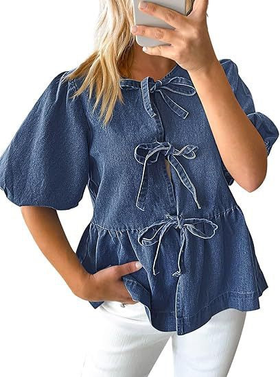 R1265 Bow Knot Babydoll Denim Top