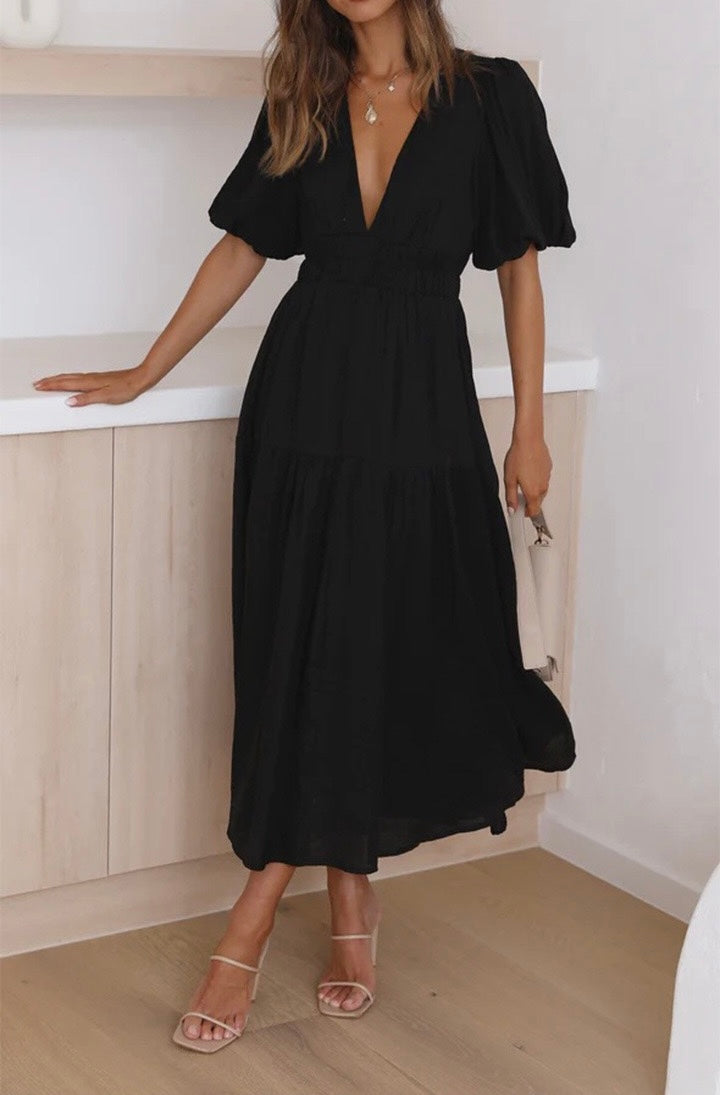 R1508 Deep V Neck Puff Sleeve Ruffle Long Dress