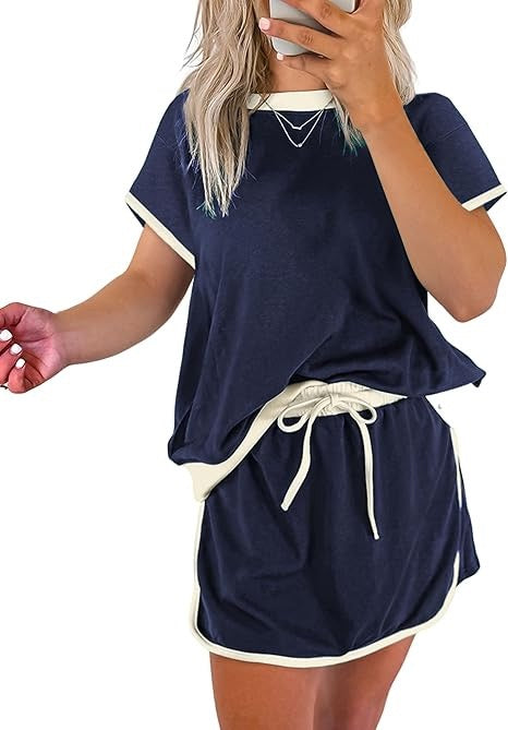 R1392 Colorblock Edge Drop Shoulder T Shirt and Skort 2Pcs Set