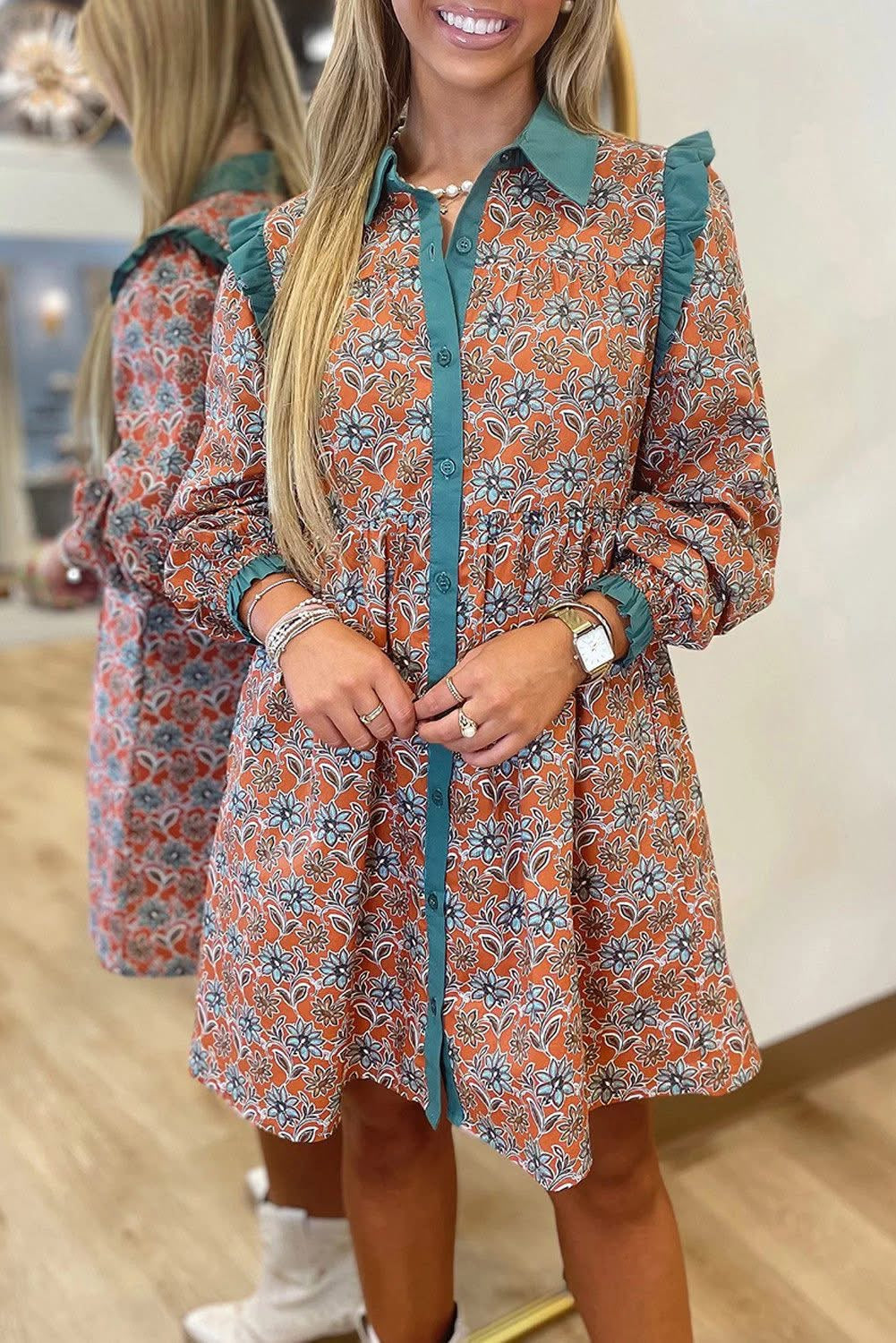 R1126 Floral Collared Shirt Dress